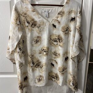 Floral V-Neck Blouse - White Cream and Brown